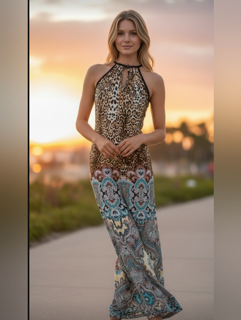 MSK. Fun Print Mix Poly Stretch Casual Boho Maxi Dress Large - Picture 4 of 4